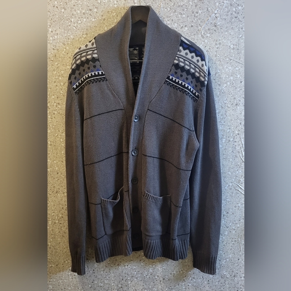 Quite Luxury"On The Byas" Cocktails Party Mens Cardigan  Gray/White/Blue, Size L